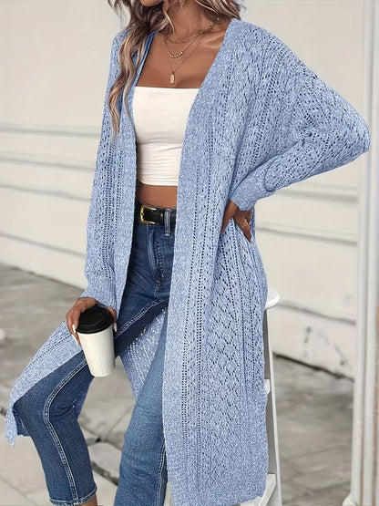 Casual Long Cardigan | Solid Color, Hollow Detail, Collarless, Long Sleeve, Loose Fit for Women