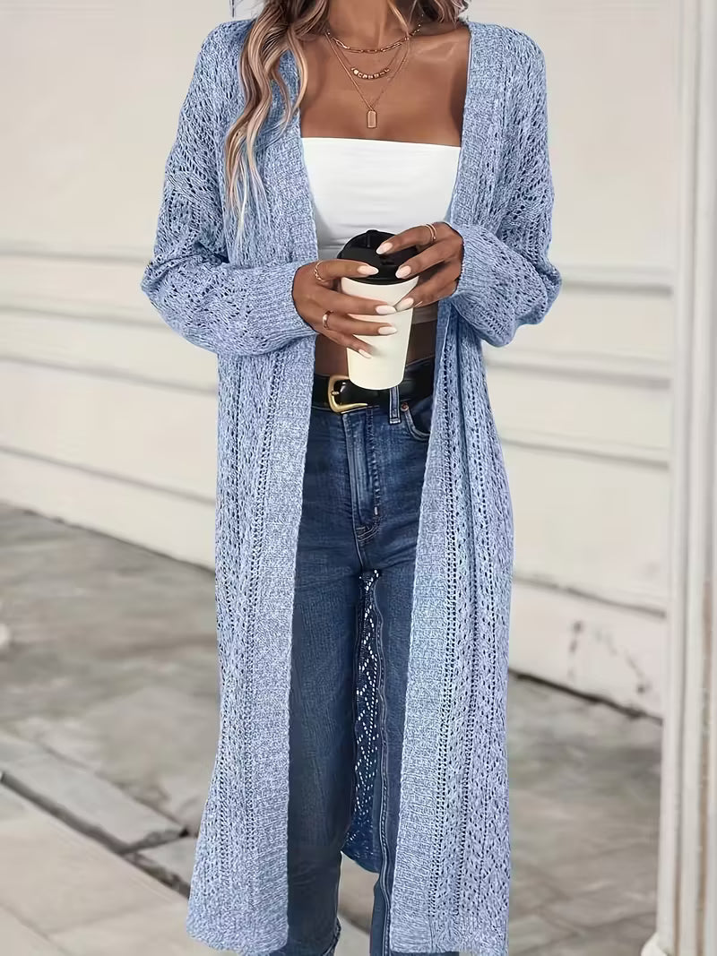 Casual Long Cardigan | Solid Color, Hollow Detail, Collarless, Long Sleeve, Loose Fit for Women