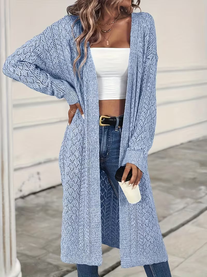 Casual Long Cardigan | Solid Color, Hollow Detail, Collarless, Long Sleeve, Loose Fit for Women