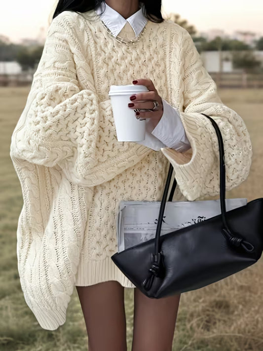 Women'S Oversized Cable Sweater - Cozy Fall/Winter Cardigan with Twist Detail, Beige, Long Sleeve, Round Neck, Casual Style, Perfect for Casual Attire, Cozy Sweater